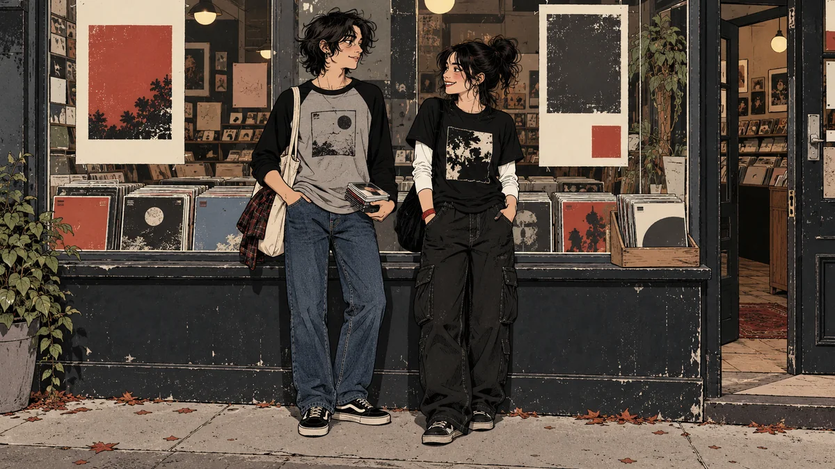 2000s pop punk fashion illustrated with raglan sleeves, layered tees, dark denim and cargo trousers