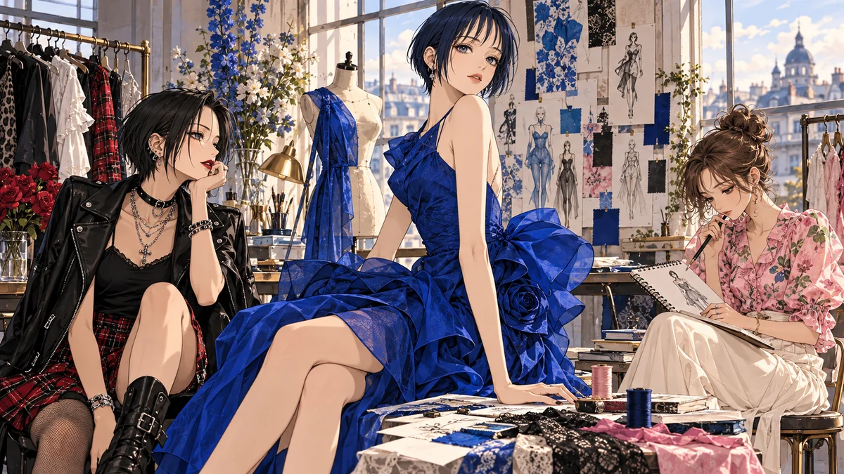 Fashion illustration for anime like Paradise Kiss, with Yukari-inspired blue dress styling and Nana Osaki-inspired punk layers