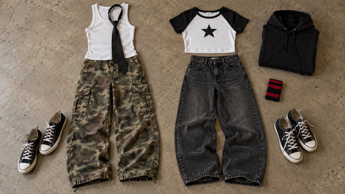 Avril Lavigne outfit inspiration with a white tank, loose black tie, camo trousers and a star raglan tee