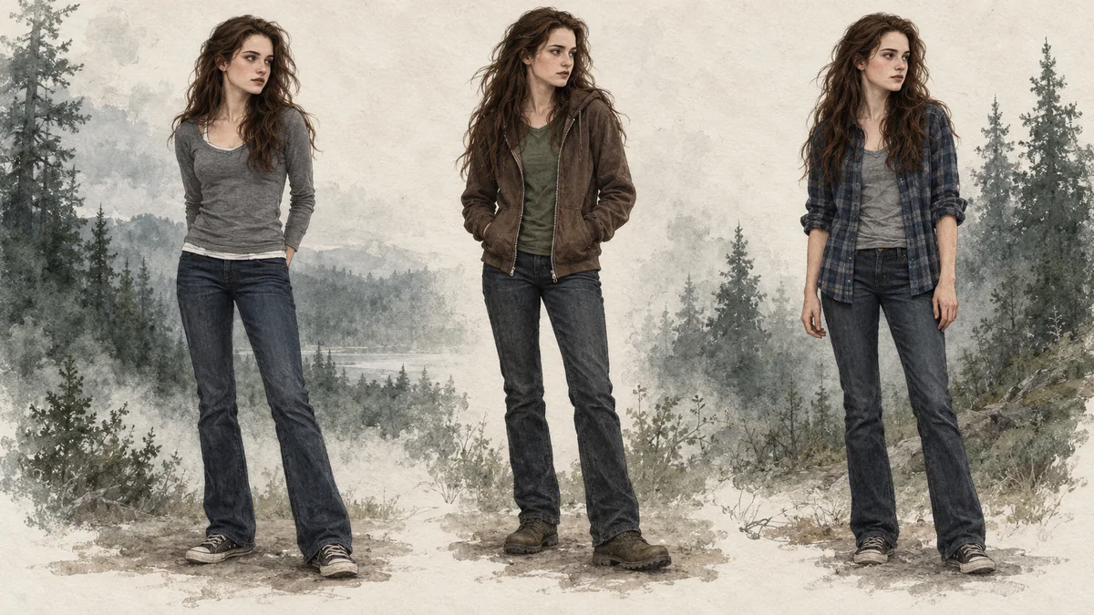 Bella Swan inspired outfits with a grey layered top, brown hoodie, plaid shirt and dark jeans
