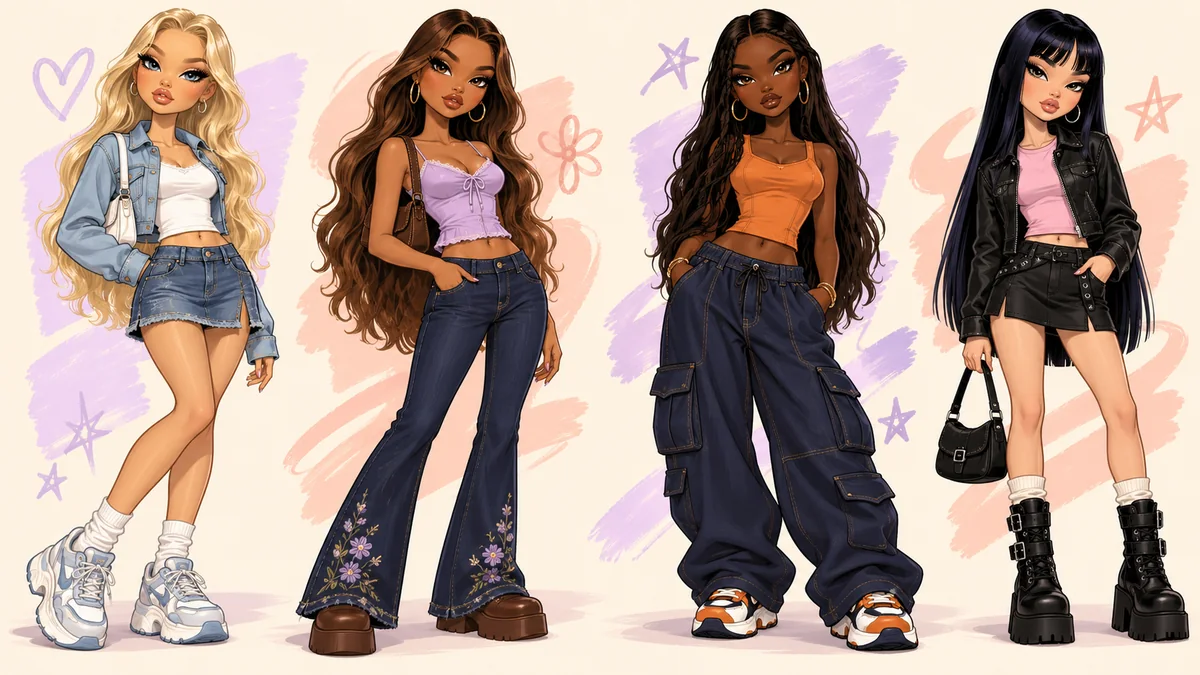 Bratz inspired outfits for Cloe, Yasmin, Sasha and Jade with denim, flares, cargos and a black jacket