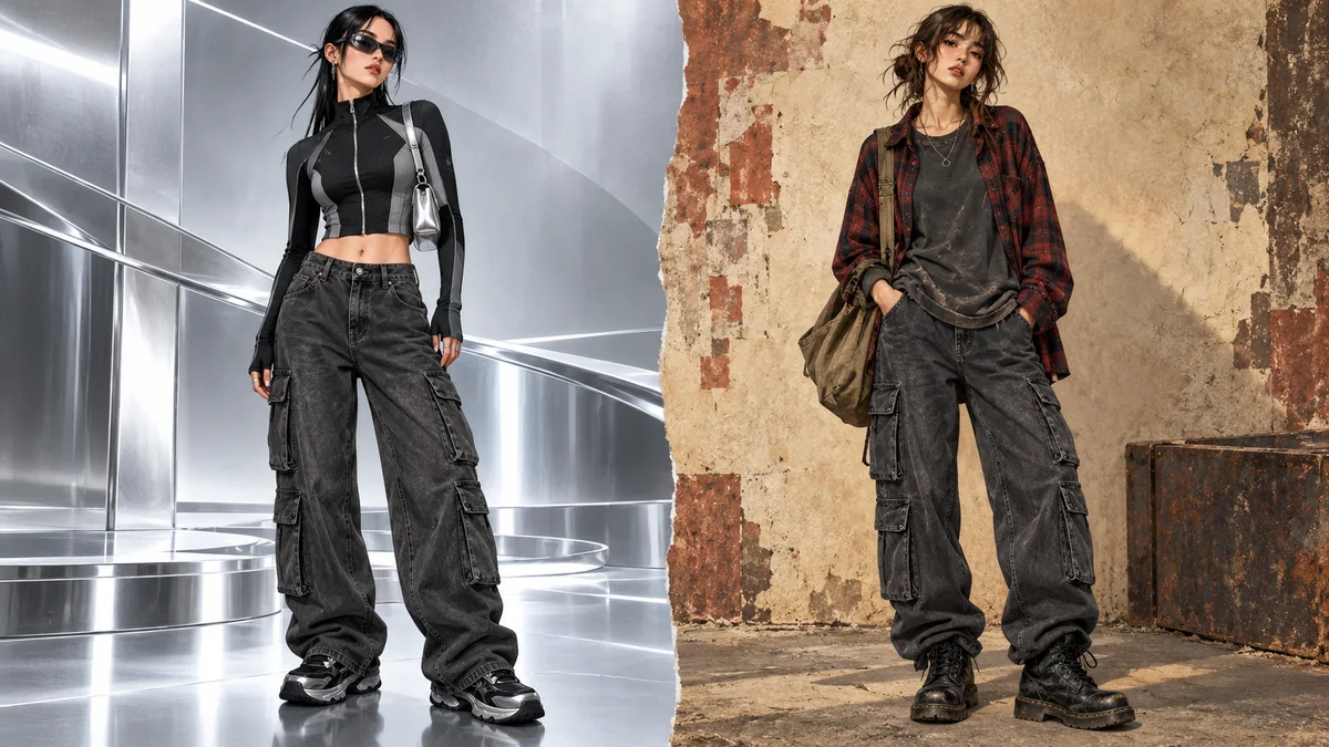 Cyber Y2K vs grunge outfit comparison using dark cargo trousers with sleek and layered tops