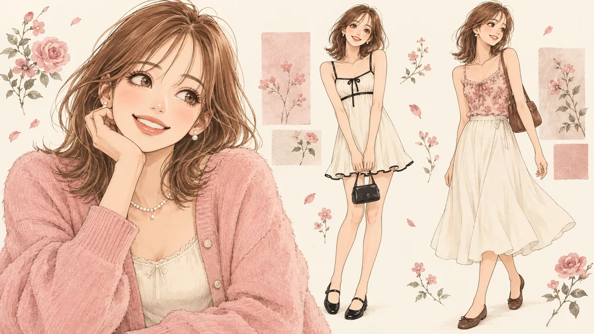 Hachi outfits illustration with Nana Komatsu in a pink cardigan, cream dress and floral top