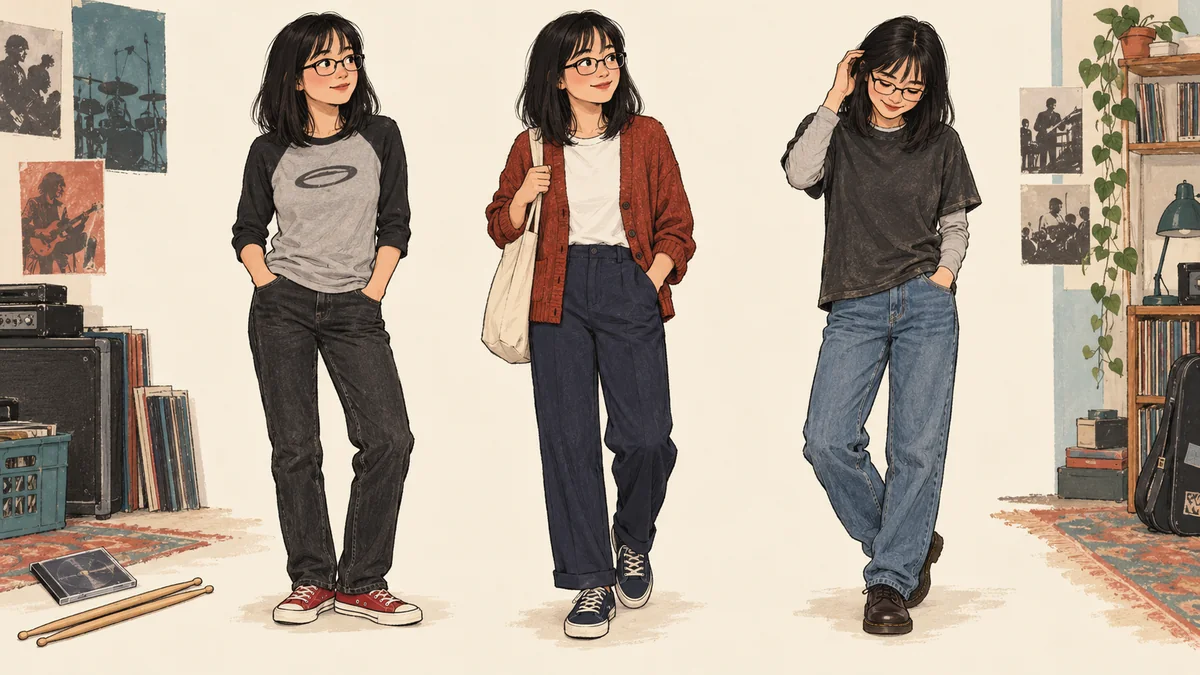 Lane Kim outfits illustrated with glasses, raglan tees, a rust cardigan and relaxed denim