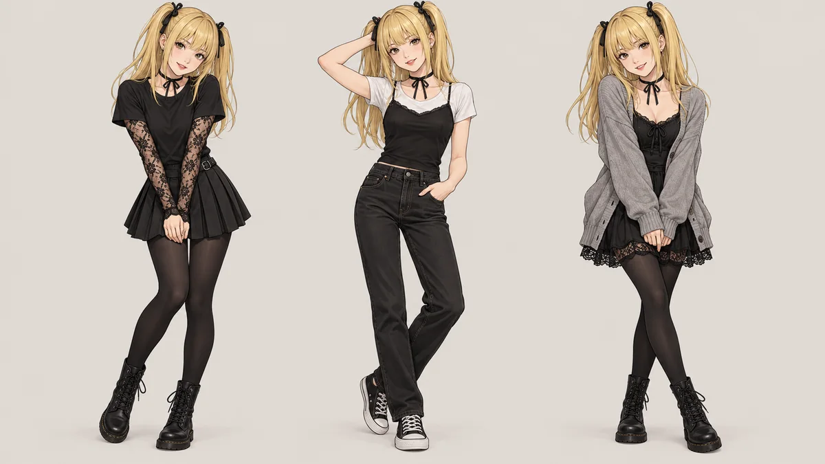 Casual Misa Amane outfits illustrated with black lace, a pleated skirt, dark jeans and a cardigan
