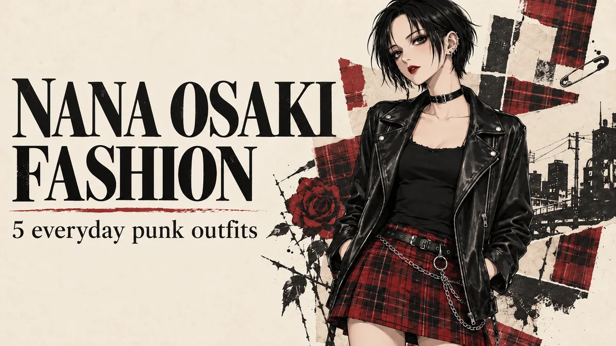 Nana Osaki fashion illustration with a black jacket, red tartan skirt and silver accessories