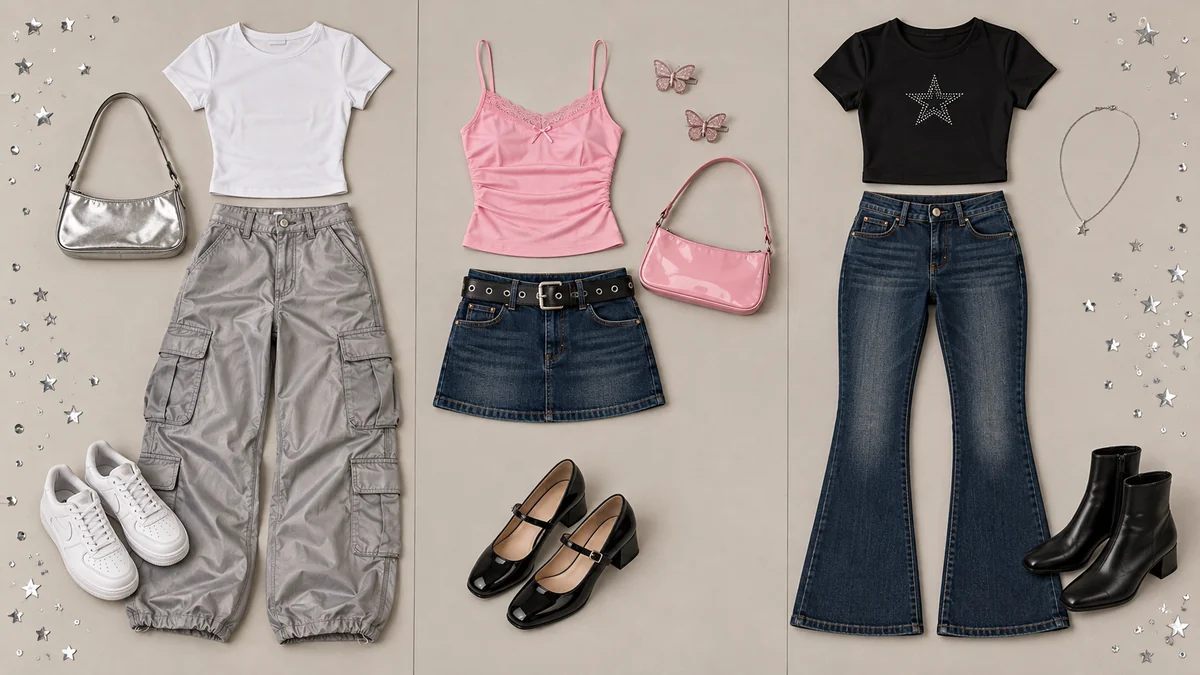 What to wear to a Y2K party: illustrated cargo, denim mini skirt and bootcut jeans outfit combinations